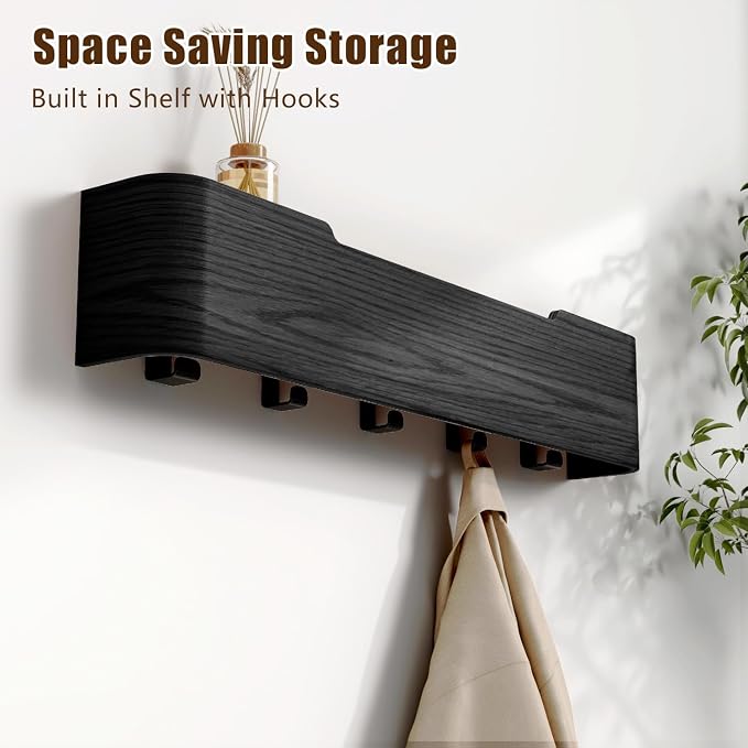 Coat Rack Wall Mount with Hidden Hooks, Wall Hooks with Shelf, Wall Key Holder Mount Wooden Shelf Entryway Hooks for Bedroom Bathroom for Hanging Coats Hats Bags Towels (Black, 5 Hooks)