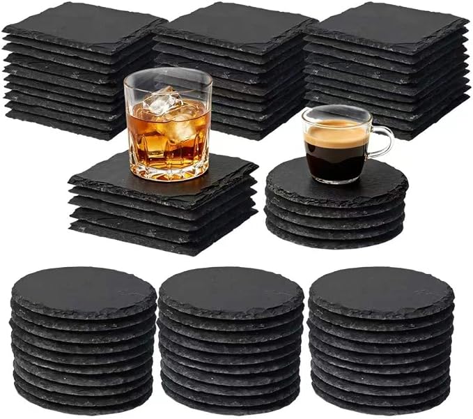 70 Pack 4 Inch Slate Coasters,Black Blank Slate for Laser Engraving,Square & Round Slate Coasters Bulk for Home & Bar Table Protection (35square+35round)