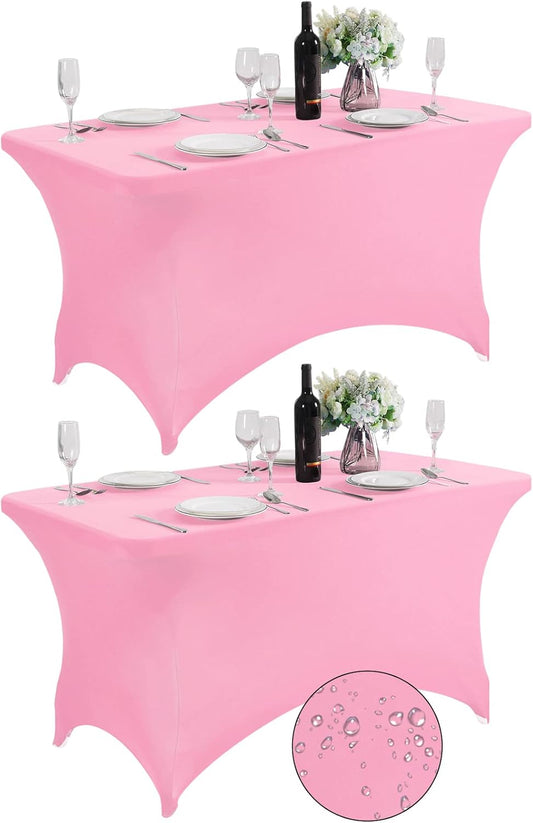 SuperO 2Pack Waterproof Spandex Table Cover for 4FT Table Universal Fitted Stretch Tablecloth for Party, Banquet, Wedding and Events-Pink