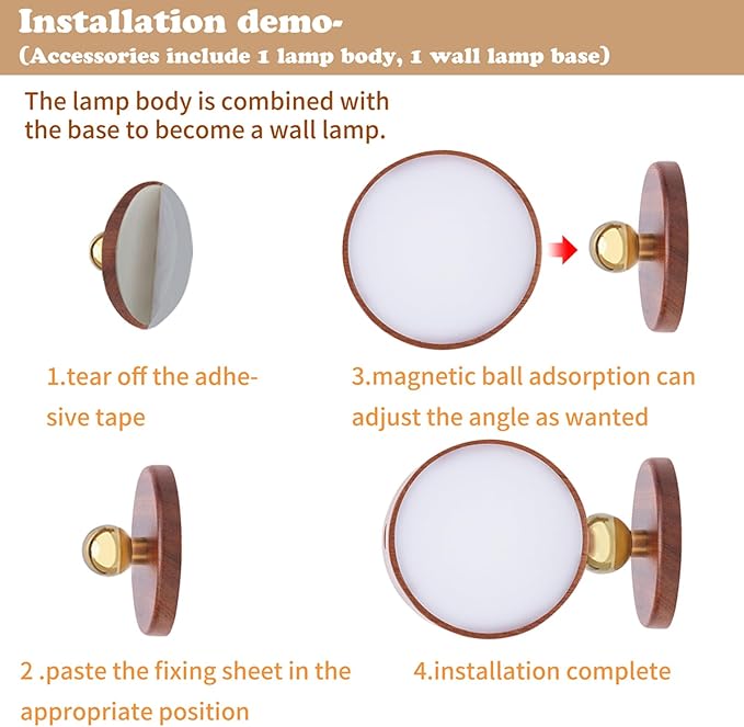 LANDGOO Wood Wall Sconce, Sapele Wood Magnetic 360° Rotatable Cordless Bedside Lamp Set, Rechargeable & Dimmable LED Lights with Touch Control, Wireless Wall Mount for Bedroom
