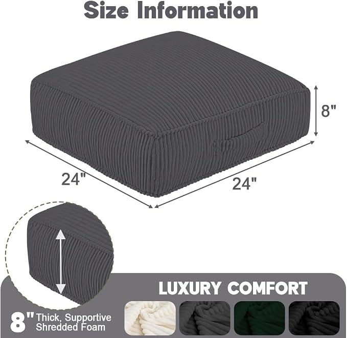 Meditation Floor Pillow for Adults, 8" Extra Thick Floor Cushion for Sitting with Washable Cover, Large Corduroy Meditation Pillow, 24 inches Tatami Seat with Handle for Yoga Pillow, Grey