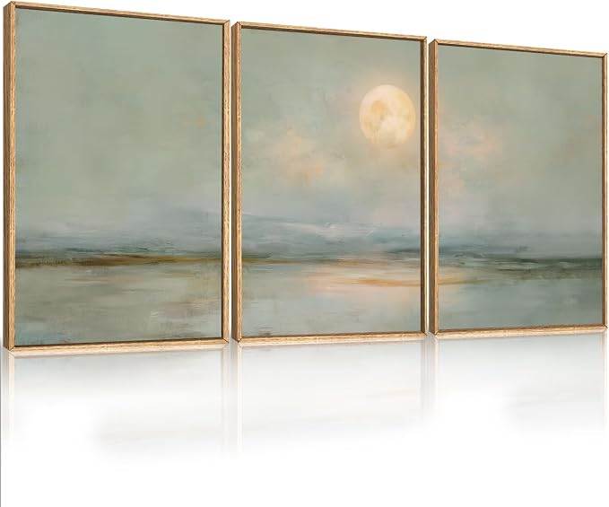 LHIUEM Large Abstract Moon Green Framed Canvas Wall Art Set,Minimalist Beige Gray Wall Decor, Nature Lake Landscape Art Painting for Living Room,Bedroom,Dining Room,Office -16"x24"x3