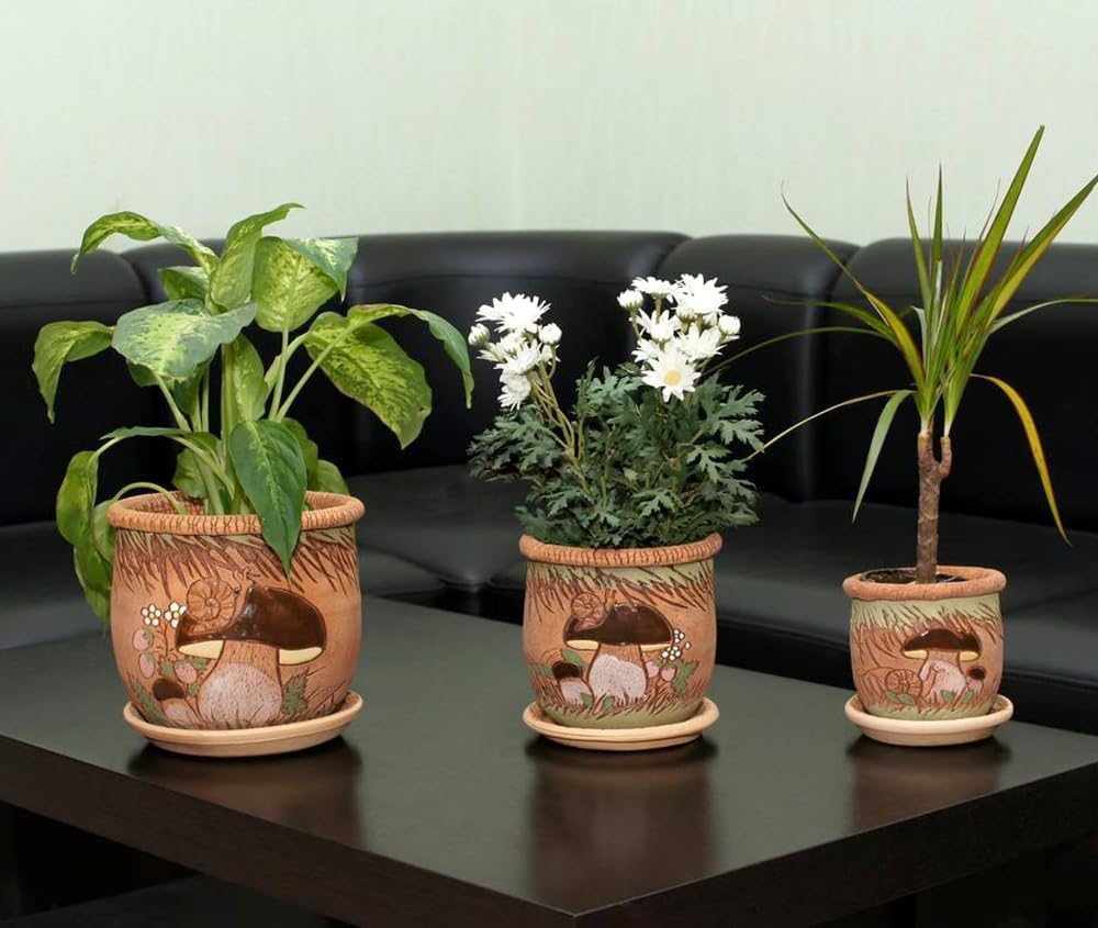 Ceramic Pot with Drainage Hole and Saucer, Plant Pots, Modern Decorative Planters for House Plants Indoor Flowers Plants, Cute Flower Pot - Gifts (Mushrooms)