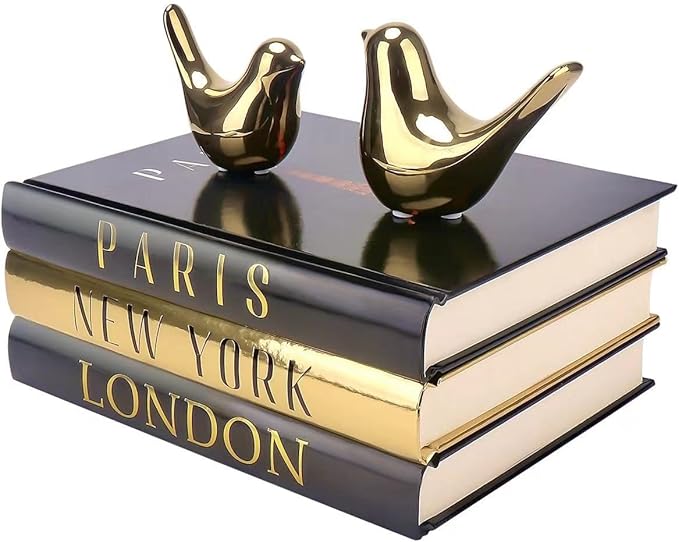 Decorative Books for Home Decor with Small Birds Statues Gold Home Decoration, Modern Style Coffee Table Book Decor, Stacked Books for Bedroom, Living Room, Office Desktop, Cabinets Shelf Decor