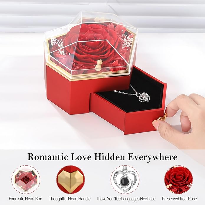 Emibele Preserved Rose Gifts for Women, Eternal Flower Rose Box with Heart Necklace, Romantic I Love You Gifts for Women Her Wife Mom Grandma on Valentines Mothers Day Birthday Anniversary