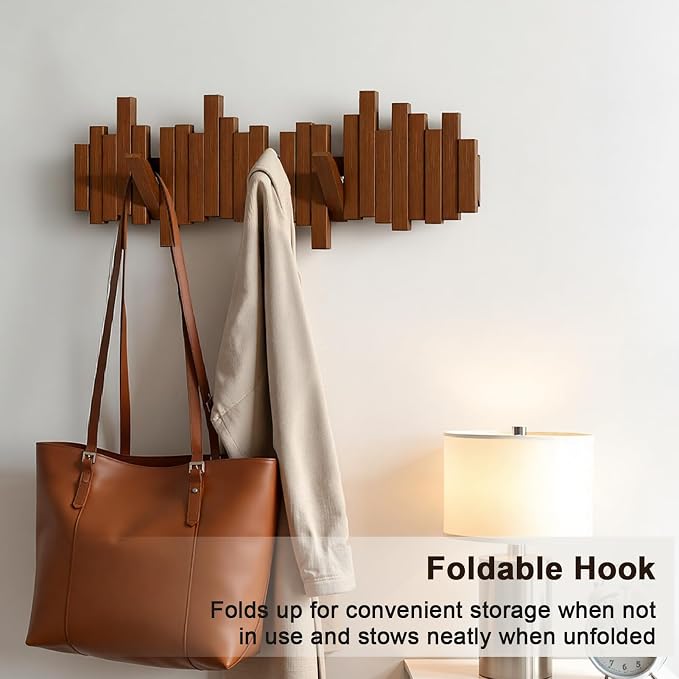 Modern Wooden Coat Rack, key holder wall mount– Handmade Solid Walnut Flip Hook Rack with Hidden Mount, Decorative Entryway Wall Hooks for Coats, Bags & Hats, Space-Saving Design (Black,8Hooks)