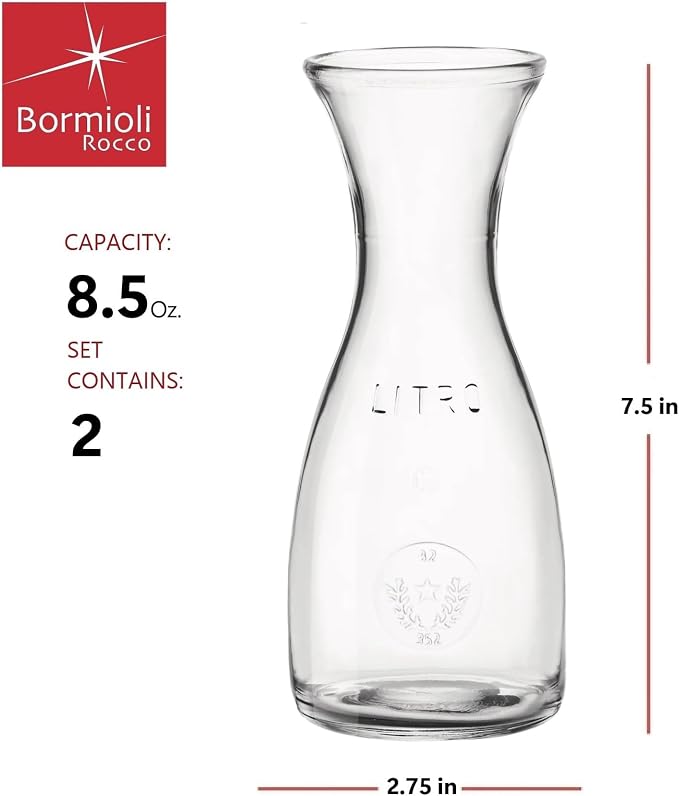 Bormioli Rocco Misura PZ Carafe Set of 2-8.5 Oz. Mini Glass Carafes for Water, Juice, or Wine Serving - Elegant Beverage Presentation for Dining & Restaurants - Durable Clear Glass Construction