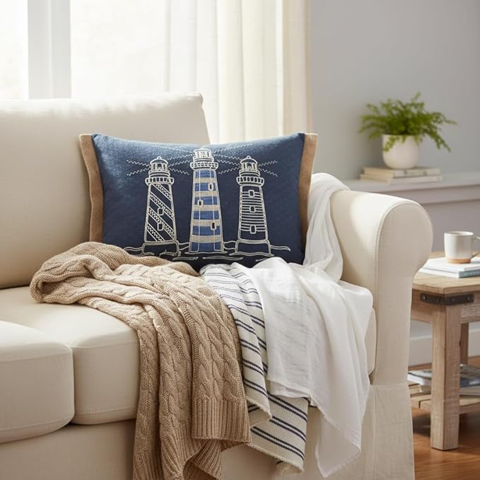 Comfy Hour Under The Sea Collection Ocean Coastal Three Lighthouses Accent and Throw Pillow Blue Decorative Cushion, 18"x13", Polyester