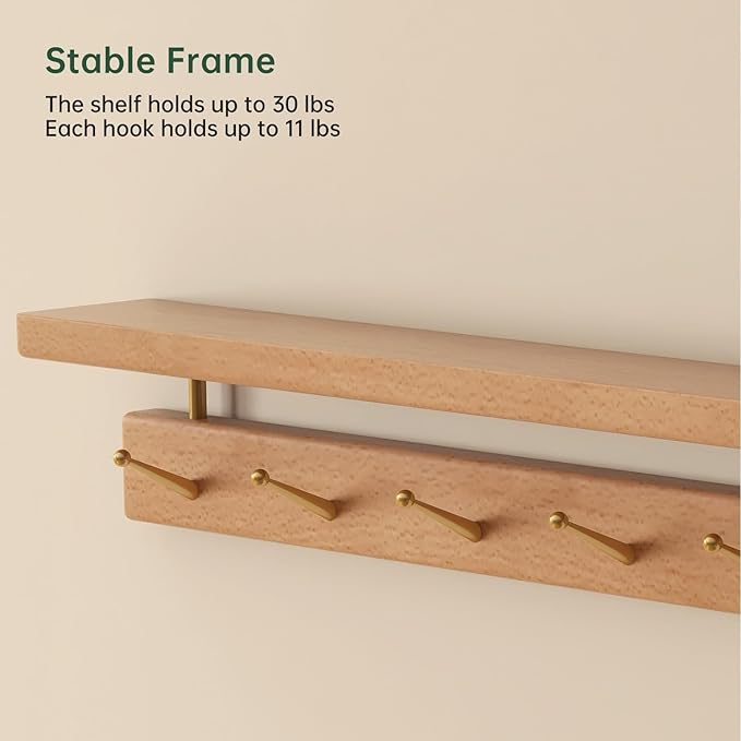 Solid Wood Wall Hooks with Shelf, Coat Rack Wall Mount, Entryway Hanging Shelf with 7 Brass Hooks for Hats, Clothes, Towels, Bags, Beech Wood, Natural