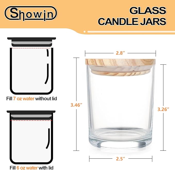 SHOWIN Thick Candle Jars for Making Candles 12 Pcs, 7 OZ Empty Jars with Wood Lids for Candle Making, Sample Container, Clear