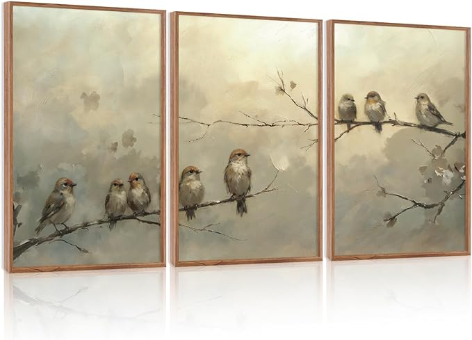 LHIUEM Large Cute Birds Framed Canvas Wall Art,Antique Sparrow Branch Wall Decor,Vintage Farmhouse Painting,Retro Natural Landscape Artwork for Living Room,Bedroom,Dining Room,Office -24"x36"x3