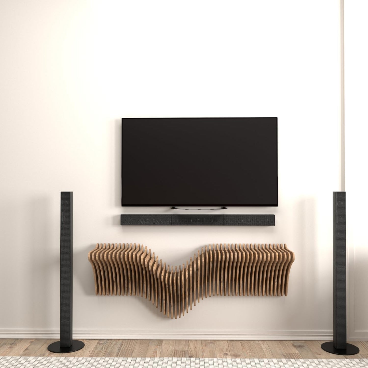 Parametrics 40 inch Floating Shelf TV Unit Modern Geometric Wooden Wall Piece Decor Natural Oak Color 3D Wavy Living and Gaming Room Shelf