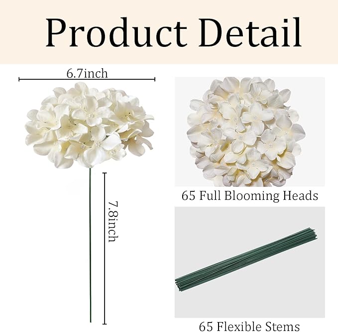 65Pcs Champagne Hydrangea Artificial Flowers Bulk,Realistic Silk Fake Flowers with Stems,Faux Hydrangea Flowers for Wedding Home Decor Centerpieces Living Room Garden Party Baby Shower Decor