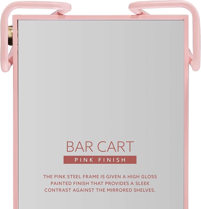Gina Pink Mid-Century Bar Cart with Mirrored Shelves and Locking Wheels by Linon