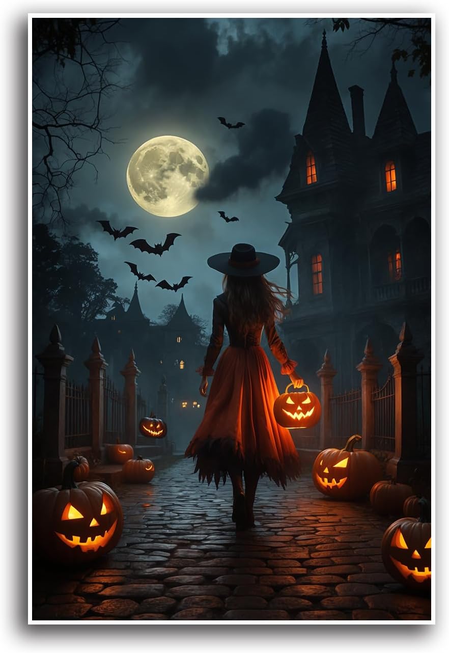 JFHCQJPK Halloween theme poster moonlit autumn night witch vintage poster art print dark college style gothic painting canvas wall decoration bedroom living room ideal gift20x30in Frameless