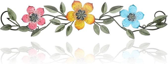 Wesiti Metal Flower Wall Decor Vintage Spring Metal Flower Wrought Iron Scroll Sculpture 15.7''x3.7'' Farmhouse Leaves Wall Decor with Nails for Spring Living Room Bedroom Indoor Outdoor(Bright Color)