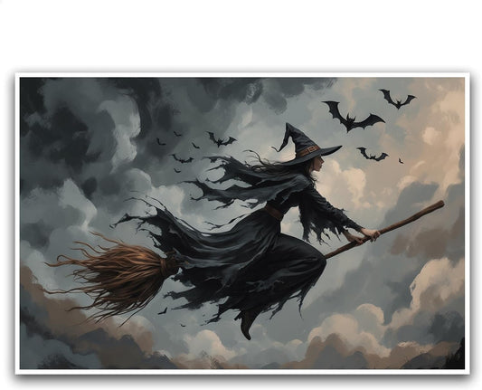 JFHCQJPK Witch and bat flying Halloween poster suitable for home party wall decoration retro Halloween preppy style wall art canvas print suitable for room decoration12x16in Frameless