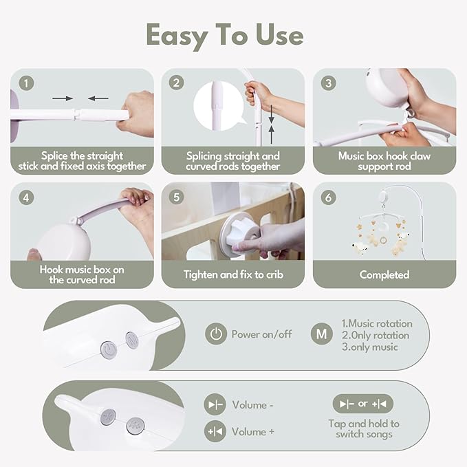 Crib Mobile 35 Lullaby Music, Cotton Baby Mobiles for Cribs & Pack N Play, Easy to Install, Stuffed Animals Hanging Toys Newborn Boys & Girls, Bear