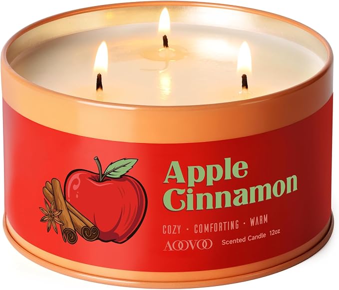 AOOVOO Apple Cinnamon Candle - 3 Wick 12oz Large Fall Candles, Soy Wax Strong Scented Candle Non Toxic, Long Lasting Aromatherapy Candle for Home, Autumn Candle Gift for Women Men