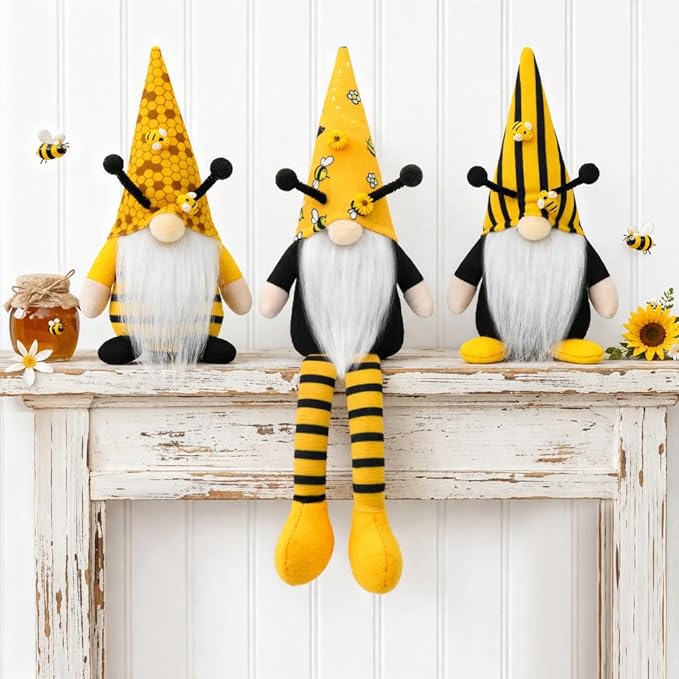 Bumble Bee Gnomes Spring Decor, 3Pcs Rustic Farmhouse Decor Indoor for Home Office Party Spring Gnomes Table Decorations, Summer Honey Bee Themed Gifts