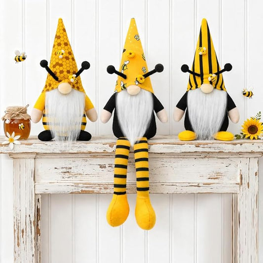 Bumble Bee Gnomes Spring Decor, 3Pcs Rustic Farmhouse Decor Indoor for Home Office Party Spring Gnomes Table Decorations, Summer Honey Bee Themed Gifts