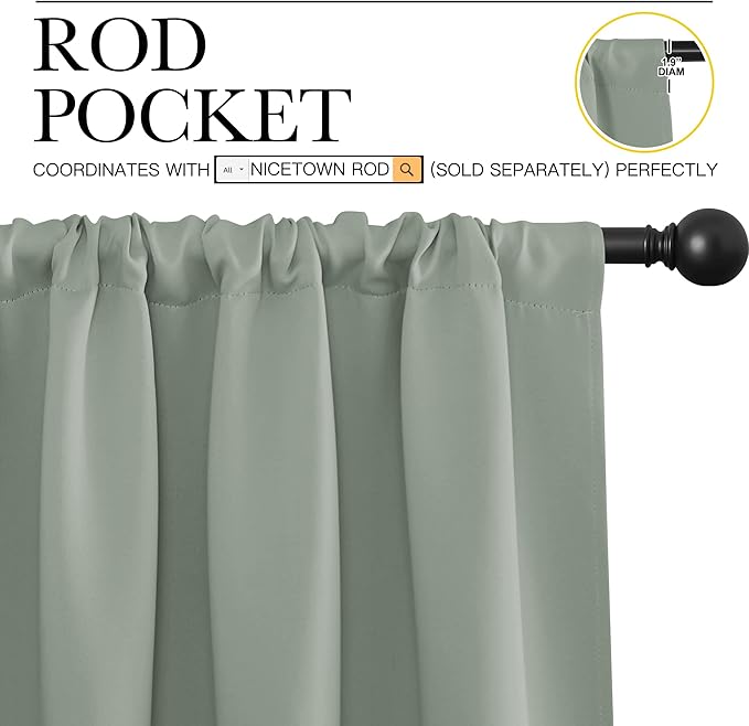 NICETOWN Window Curtains Blackout Drapes - Thermal Insulated Solid Rod Pocket Blackout Curtains/Draperies for Living Room (Sage Green, One Pair, 52 by 95-Inch)