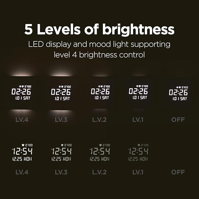mooas Wooden Frame LED Silent Wall Clock with Remote, Backlit Nightlight, Modern Digital LED Wall Clock Display Sunrise Alarm Melody 5 Brightness for Bedroom Living Room (Wooden Frame Light Brown)
