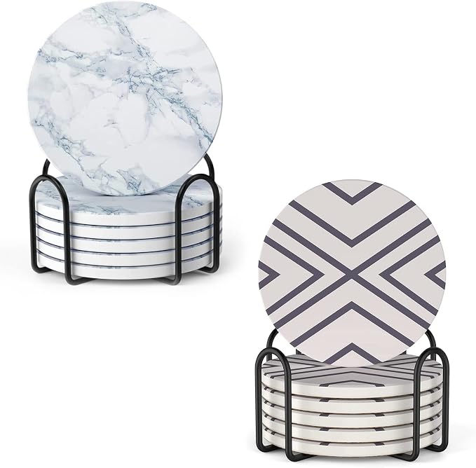 LIFVER 6 Piece Absorbent Coaster Set with Holder + LIFVER Coasters for Drinks, White Marble-Style Absorbent Coasters with Holder