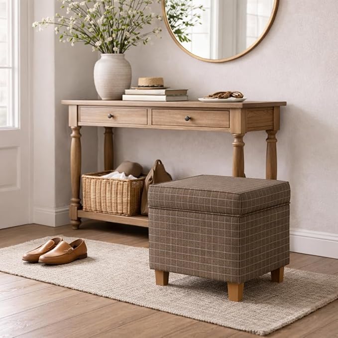 Homepop Home Decor Classic Square Storage Ottoman with Lift Off Lid | Ottoman with Storage for Living Room & Bedroom, Brown Window Pane Fabric