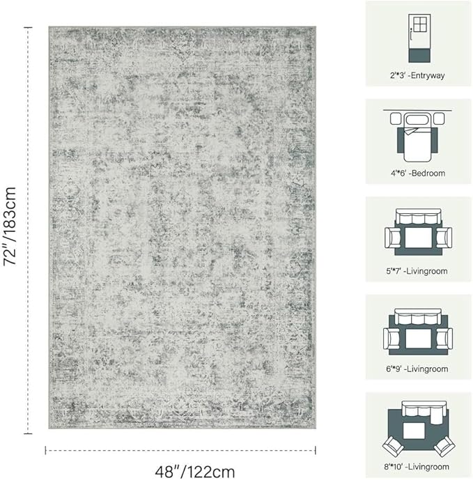 Rugxara Area Rugs for Living Room Bedroom, Washable Rug, Grey Vintage Abstract Boho Rug, Non Slip & Low Pile Wool Carpet for Indoor Dining Room, Farmhouse, Kids Room and Office(Grey 4x6ft)