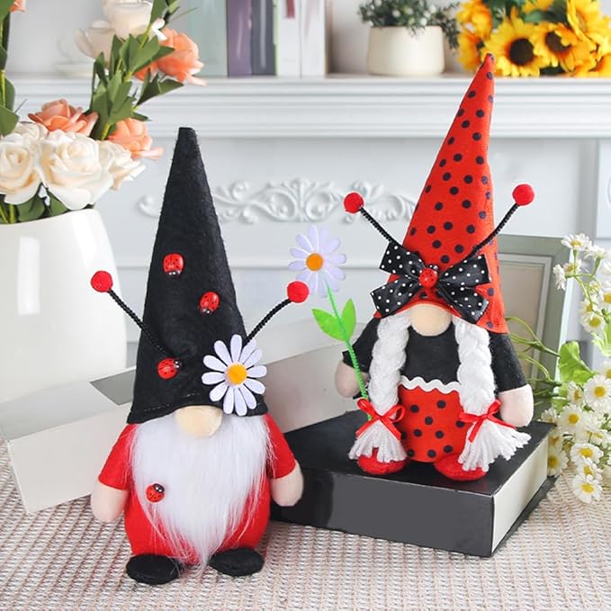 Eimilaly Daisy Ladybug Gnome Decorations for Home, Tomte Gnomes Decor Set for Holiday Ornaments or Other Theme Party Gnome Decor - 2PCS