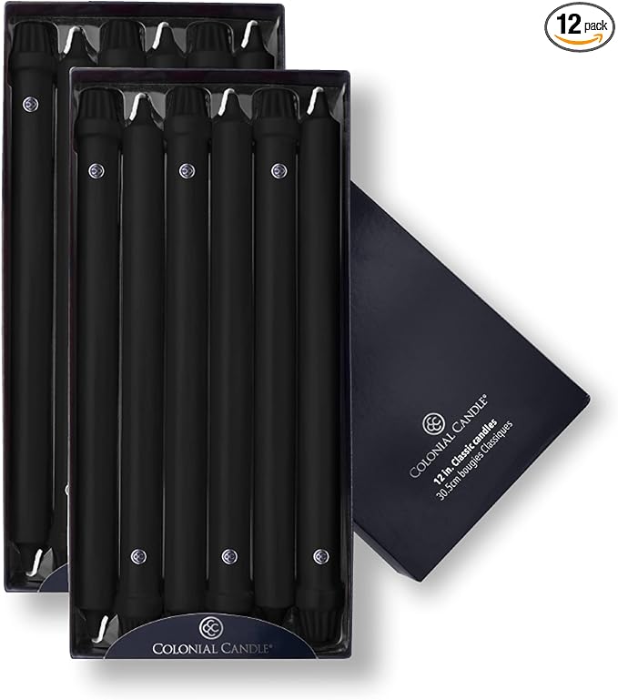 Colonial Candle Unscented Taper Candle, Classic Collection, Black, 12 in, Pack of 12 - Up to 10 Hours Burn