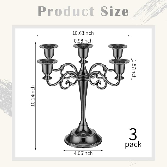 Dandat 3 Pcs 5 Arm Metal Candelabra 10.24 Inch Tall Candlestick Holders Gothic Candle Holder for Home Wedding Church Halloween Theme Party Table Centerpieces(Black)