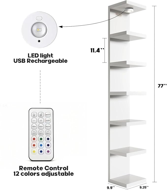 White 7-Tier Vertical Wall Shelf Unit with USB Rechargeable Led Light (Remote Controlled),Versatile Floating Display Shelves,Lack Style Wall Shelves for Bedroom,Living Room,Office Decor,Vanity