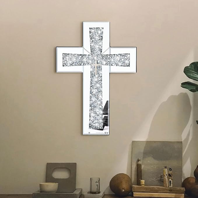 Aeveco Cross Wall Decor, Silver Mirrored Cross for Living Room, Crystal Crush Diamond Mirror Crosses, Religious Wall Art, Home Decor