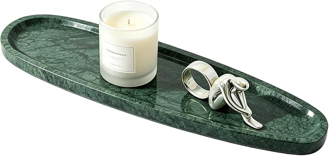 Natural Marble Vanity Tray, 16.6"x4.6" Green Real Stone Decorative Tray for Bathroom Countertop & Home Decor, Catchall Organizer for Jewelry, Candles, Cosmetics & Perfume（Green）