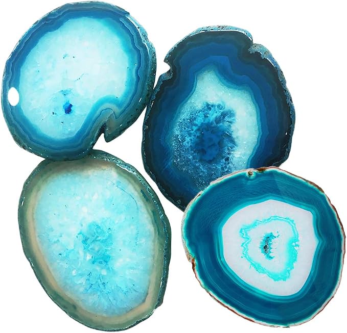 AMOYSTONE Teal Agate Coasters for Drinks - Set of 4 Geode Crystal Quartz Rock Slices With Rubber Bumpers 3-3.5"