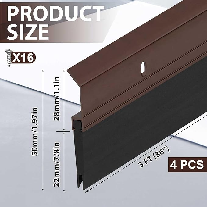 Hushee 4 Pack 36 Inches Metal Rubber Door Sweep, Double Rubber Seal Aluminum Door Sweep High Sealing Draft Stopper, Weatherproof Sound Insulation Indoor Outdoor Use for Residential Commercial (Brown)