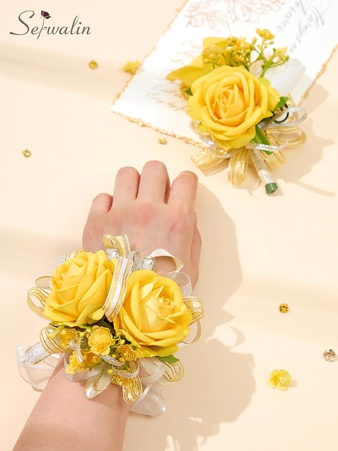 Serwalin Yellow Prom Corsage and Boutonniere Set, Artificial Calla Lily & Rose Wrist Corsage Wristlet for Homecoming, Formal Dance, Wedding Flowers Accessories Party Suit Decorations
