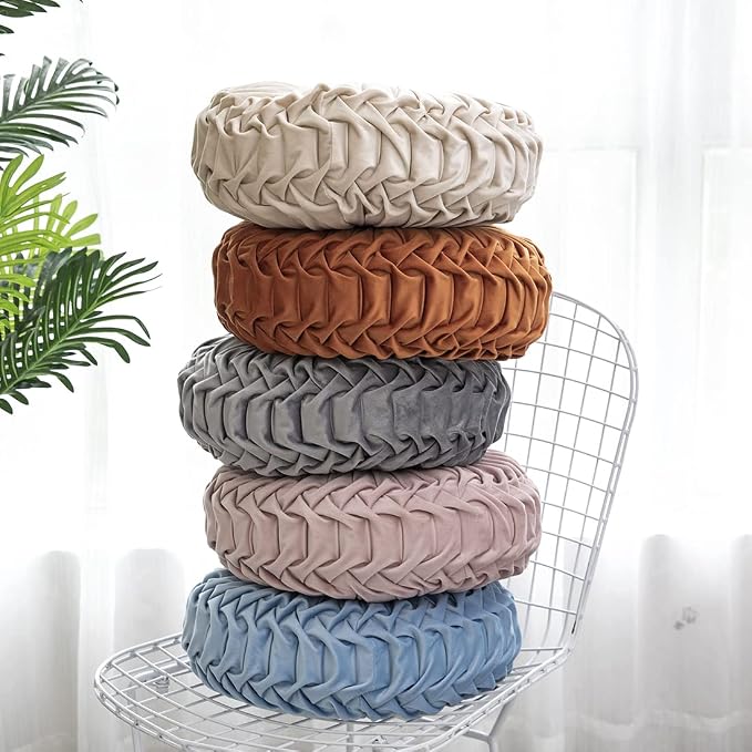 vctops Solid Velvet Seat Cushions Round Floor Pillows Thicken Chair Cushions Pleated Chair Pads Seat Pad Throw Pillows for Bedroom Living Room (Beige,Diameter 15")