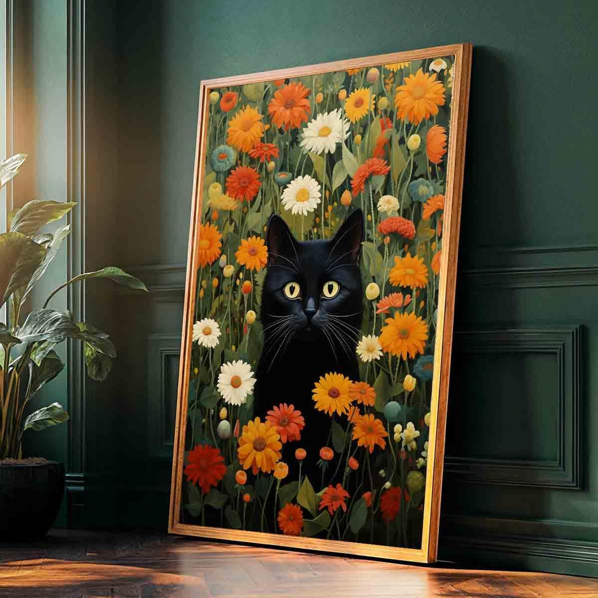 Vlolvfe Black Cat Wall Art Colorful Flower Pictures Funny Cat Painting Green Plant Pictures Colorful Wildflowers Wall Art Cute Animals Floral Picture Aesthetic Living Room Decor 16x24inch No Frame