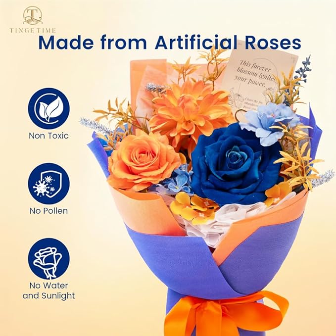 TINGE TIME Preserved Flowers Bouquet, Orange & Navy Blue Roses Gift Bouquet, Eternal Roses Bouquet for Wedding, Table Centerpieces, Mothers Day, Birthday Gifts, Anniversary, Graduation