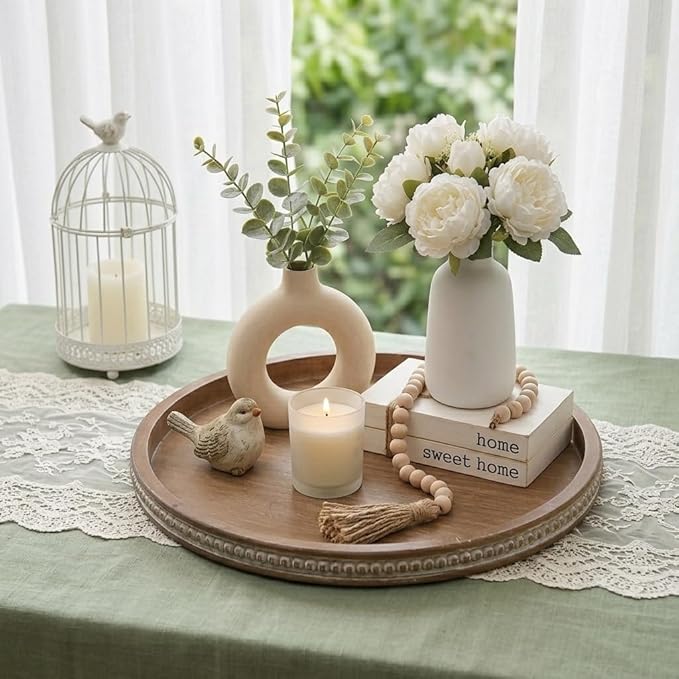 Hanobe Large Round Decorative Tray: Farmhouse Neutral Coffee Table Decor Wood Beaded Trays Vintage Ottoman for Home Counter Living Room