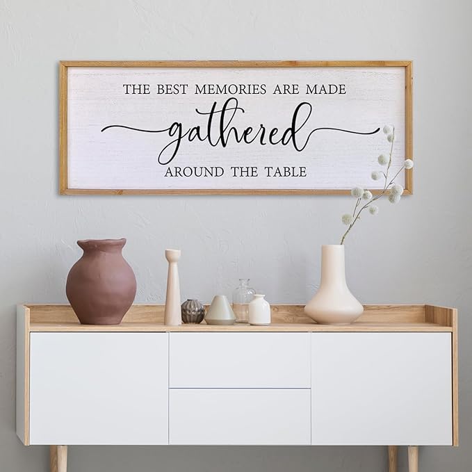 The Best Memories Are Made Gathered Around The Table Wall Decor 40"x15" Large Rustic Farmhouse Dining Room Wood Framed Modren Signs Kitchen Home Simple Hanging Wall Art (Wood)