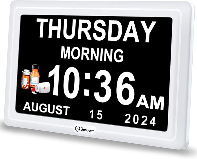 Soobest Dementia Digital Clock for Seniors Elderly, 20 Alarm Reminders 3 Ringtones for Memory Loss Alzheimers, Electric Time Date Day Large Display Calendar Clock, Auto DST, 1024 * 600P HD