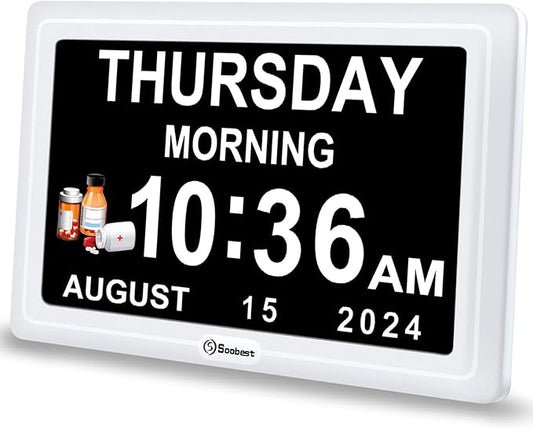 Soobest Dementia Digital Clock for Seniors Elderly, 20 Alarm Reminders 3 Ringtones for Memory Loss Alzheimers, Electric Time Date Day Large Display Calendar Clock, Auto DST, 1024 * 600P HD