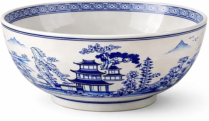 12 Inch Blue and White Porcelain Bowl, Large Chinese Decorative Centerpiece Bowl, Oriental Landscape Ceramic Bowl for Tabletop, Fruit Display, Kitchen Counter and Home Décor