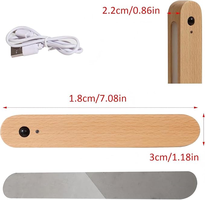 Wooden Motion Sensor Wall Light Magnetic Rechargeable Hallway 1-Pack | Night light warm LED glow, USB C, Detachable design, Tool-free mounting for closets, stairs, cabinets, entryways, home