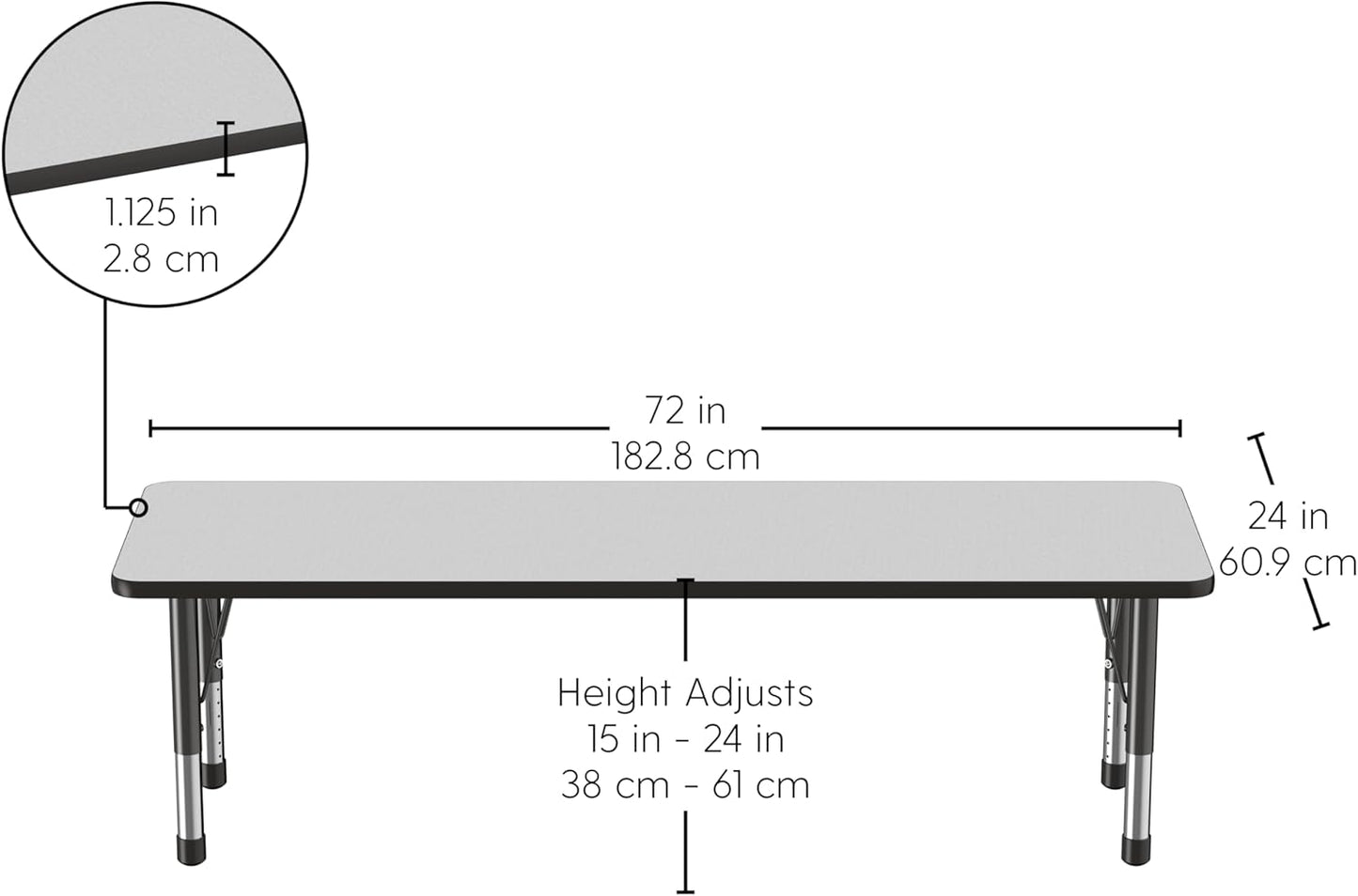 FDP Rectangle Activity School and Classroom Kids Table (24 x 72 inch), Chunky Toddler Legs, Adjustable Table Height 15-24 inches - Gray Top and Black Edge
