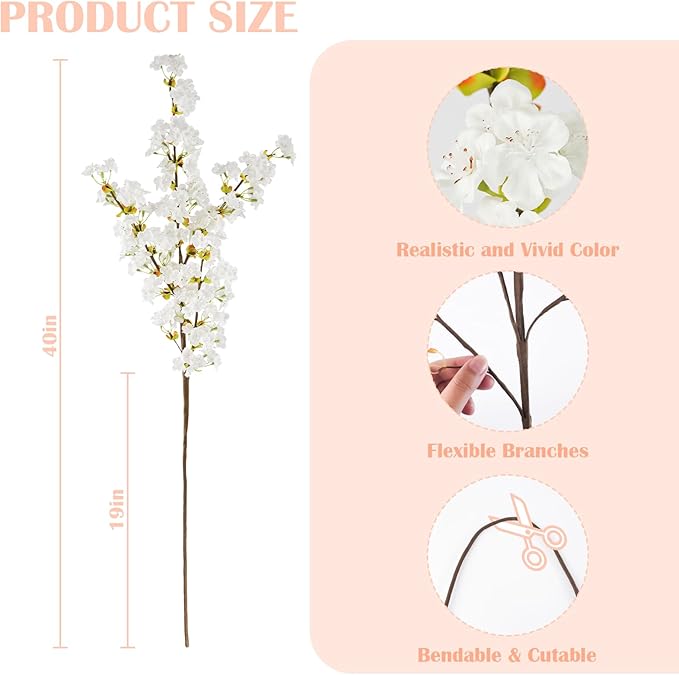 Uieke Silk Cherry Blossom Branches, 39.3in Artificial Cherry Blossom Tree Stems, Fake Plum Blossom Flowers Arrangement for Wedding Home Japanese Decor, Set of 3, White